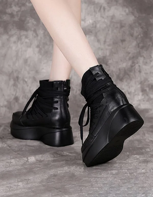 Autumn Winter Retro Leather Lace-up Platform Boots