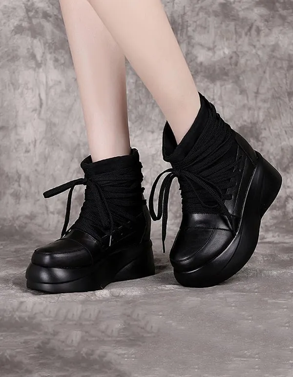 Autumn Winter Retro Leather Lace-up Platform Boots