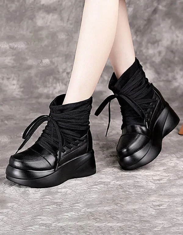 Autumn Winter Retro Leather Lace-up Platform Boots