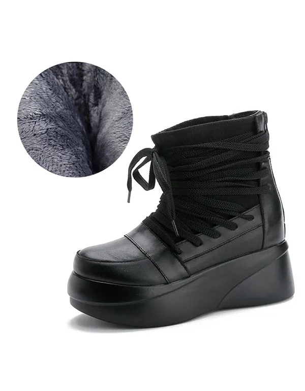 Autumn Winter Retro Leather Lace-up Platform Boots