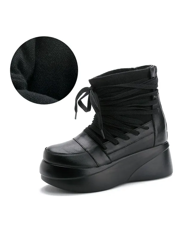 Autumn Winter Retro Leather Lace-up Platform Boots