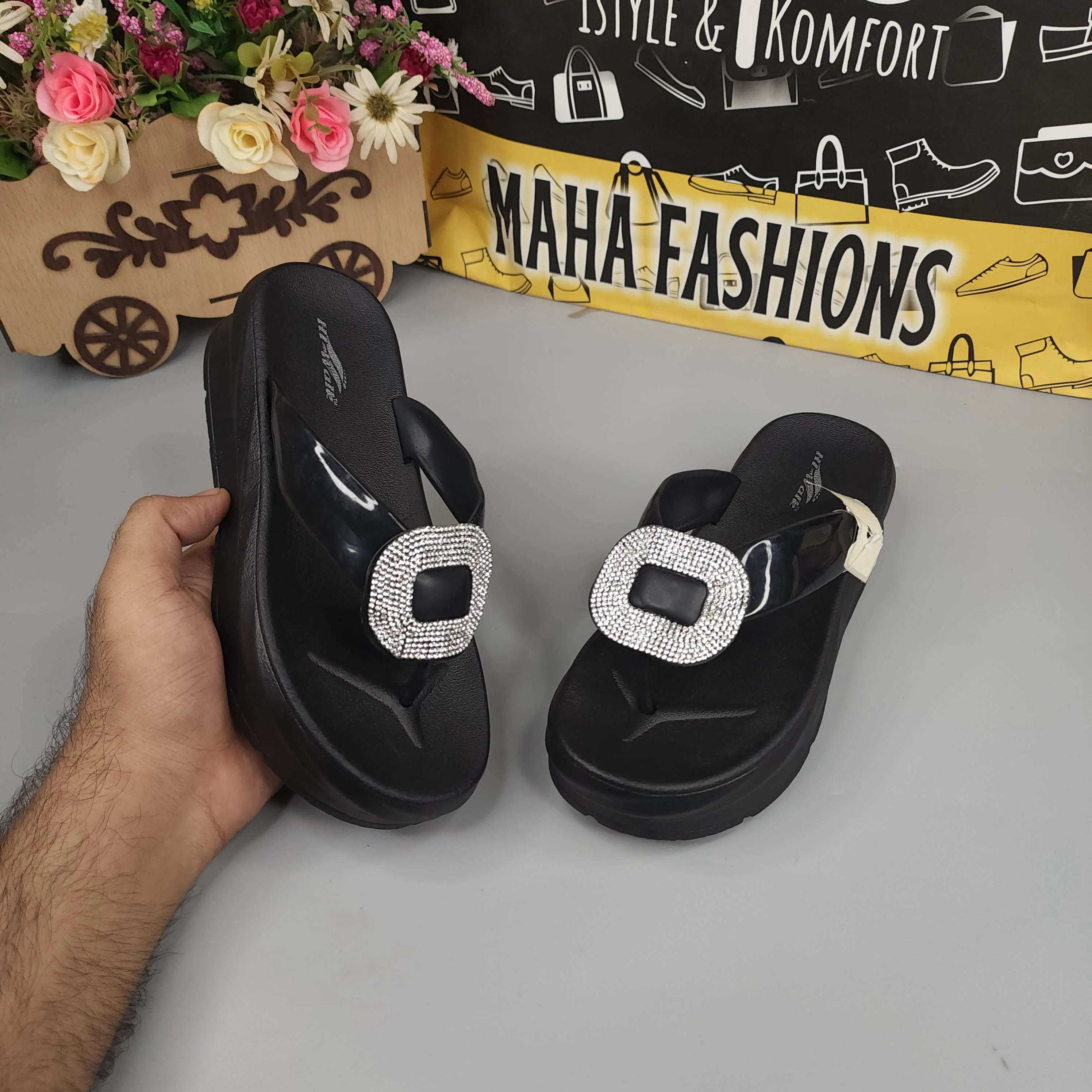 Black Wegde Slides with Studs