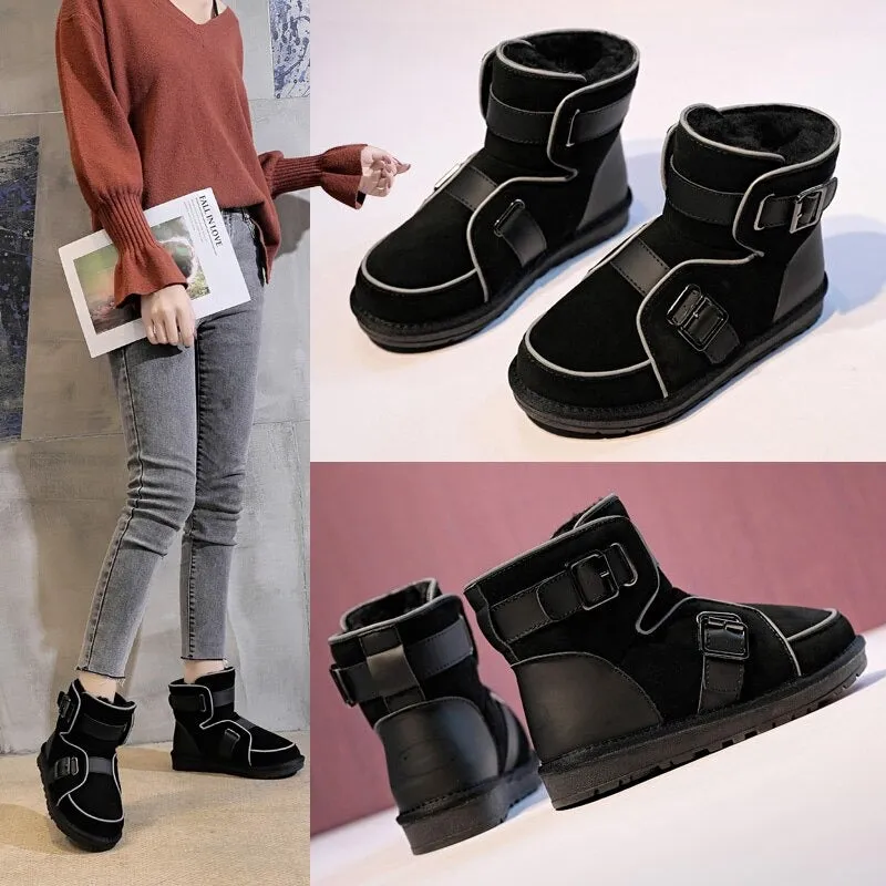 Buckle Strap Accent Reflective Winter Warm Ankle Boots