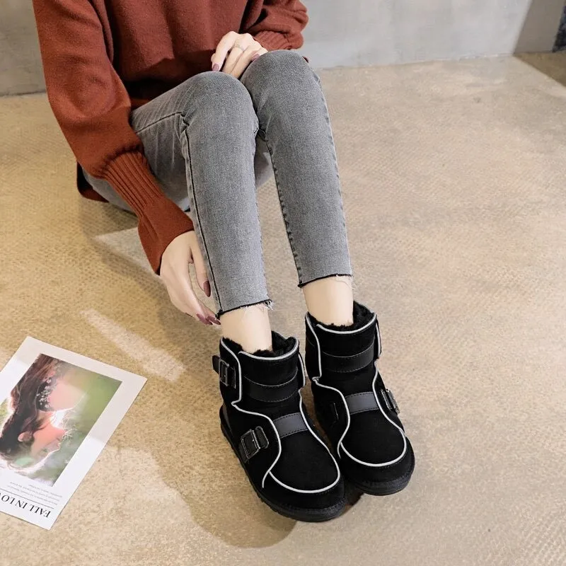 Buckle Strap Accent Reflective Winter Warm Ankle Boots