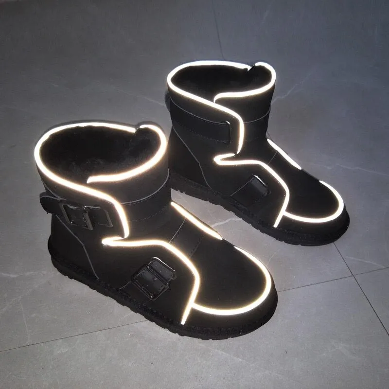 Buckle Strap Accent Reflective Winter Warm Ankle Boots