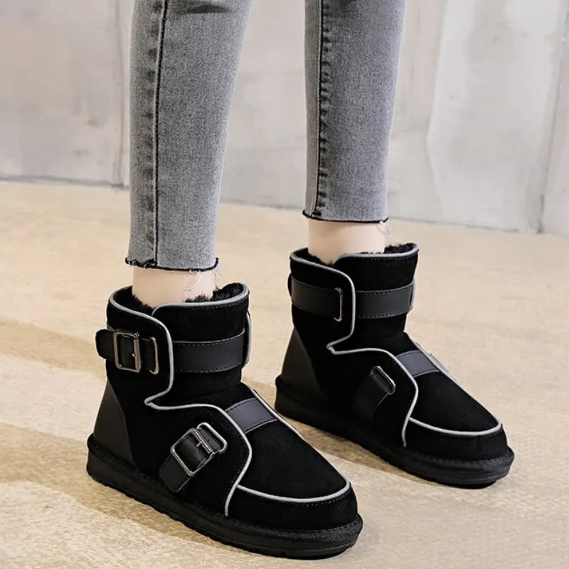 Buckle Strap Accent Reflective Winter Warm Ankle Boots