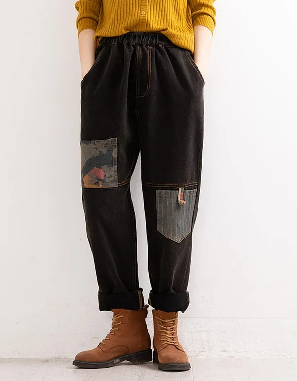 Embroidery Printed Retro Denim Harem Trousers