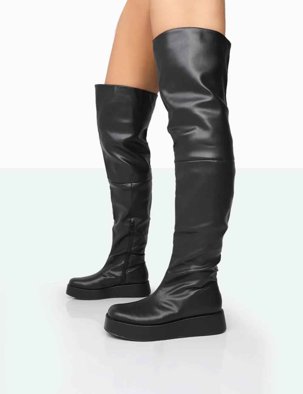 Erica Black Pu Chunky Platform Over The Knee Boots