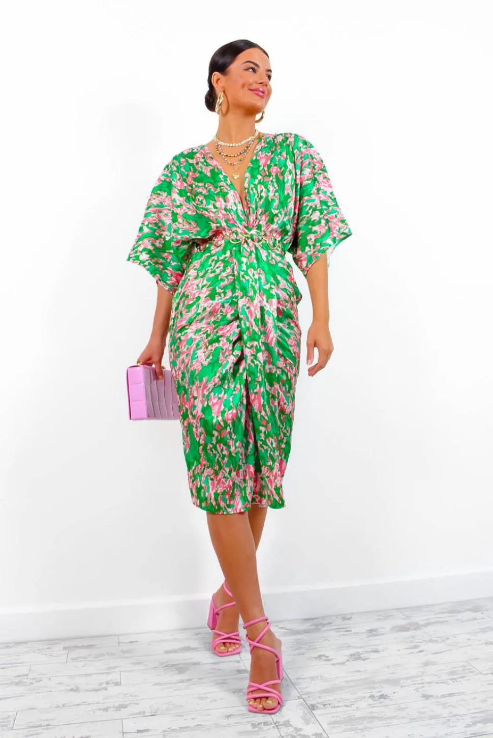 Finders Keepers - Green Pink Printed Midi Dress