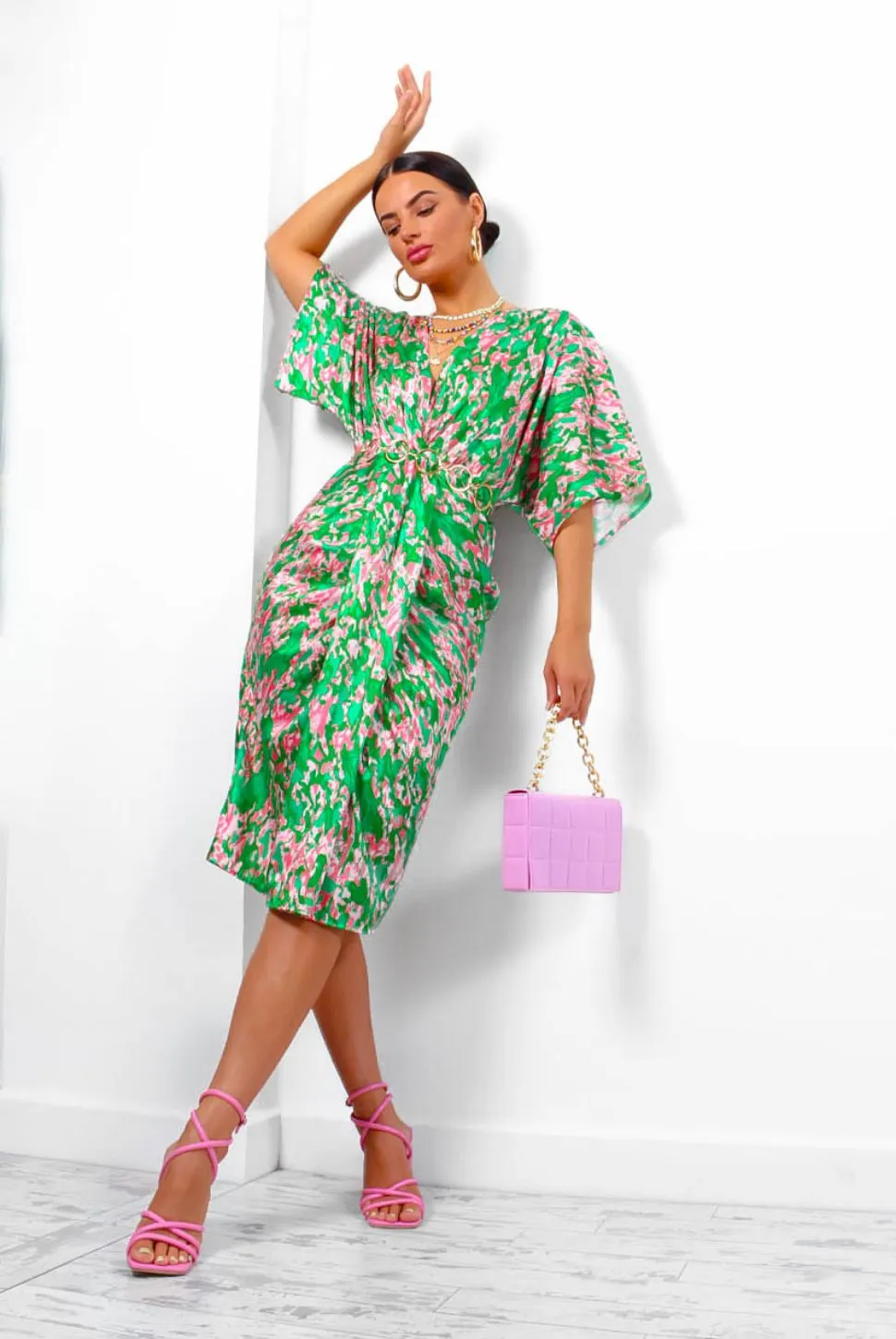 Finders Keepers - Green Pink Printed Midi Dress