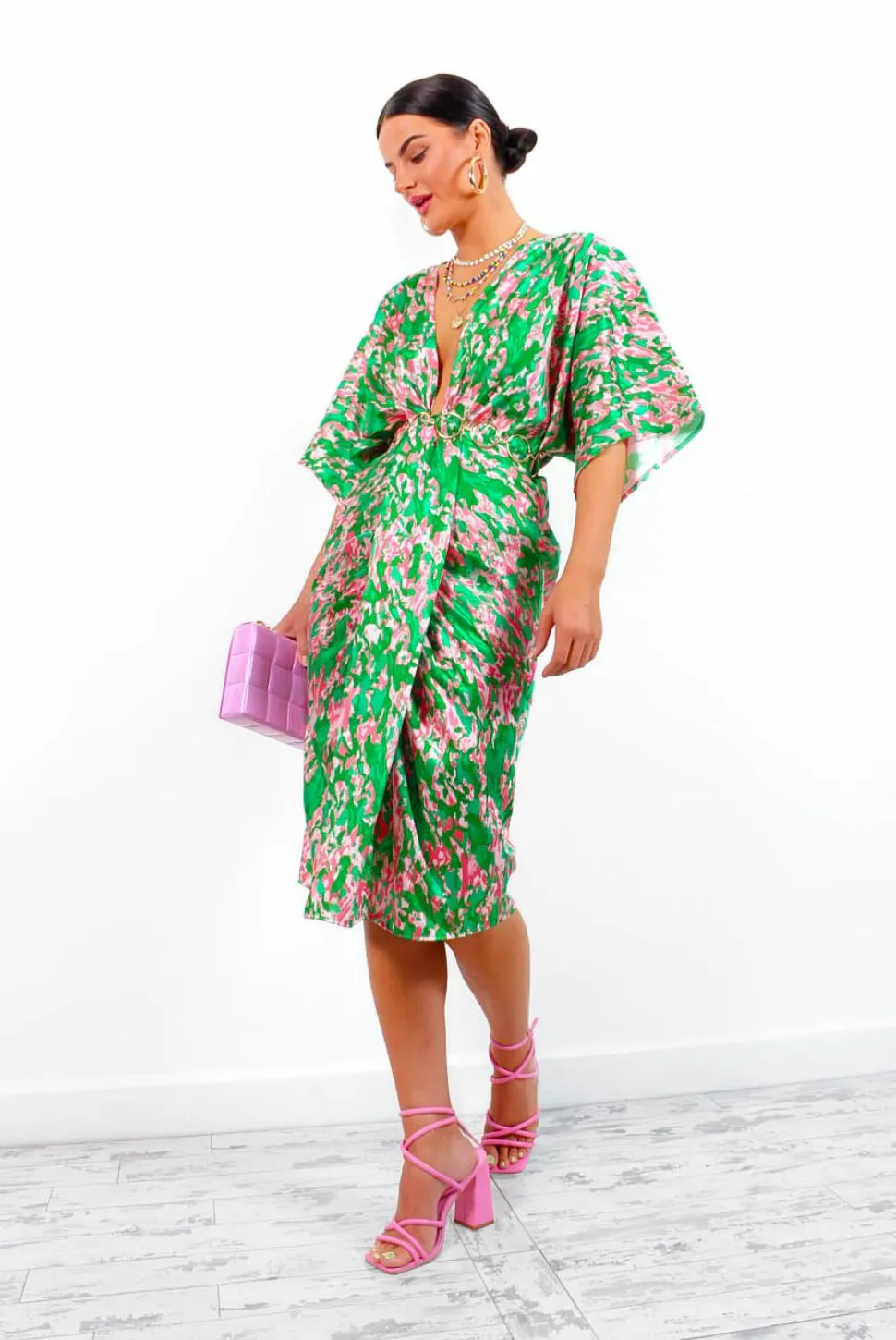 Finders Keepers - Green Pink Printed Midi Dress