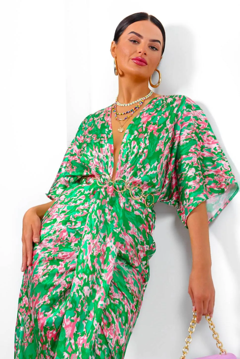 Finders Keepers - Green Pink Printed Midi Dress