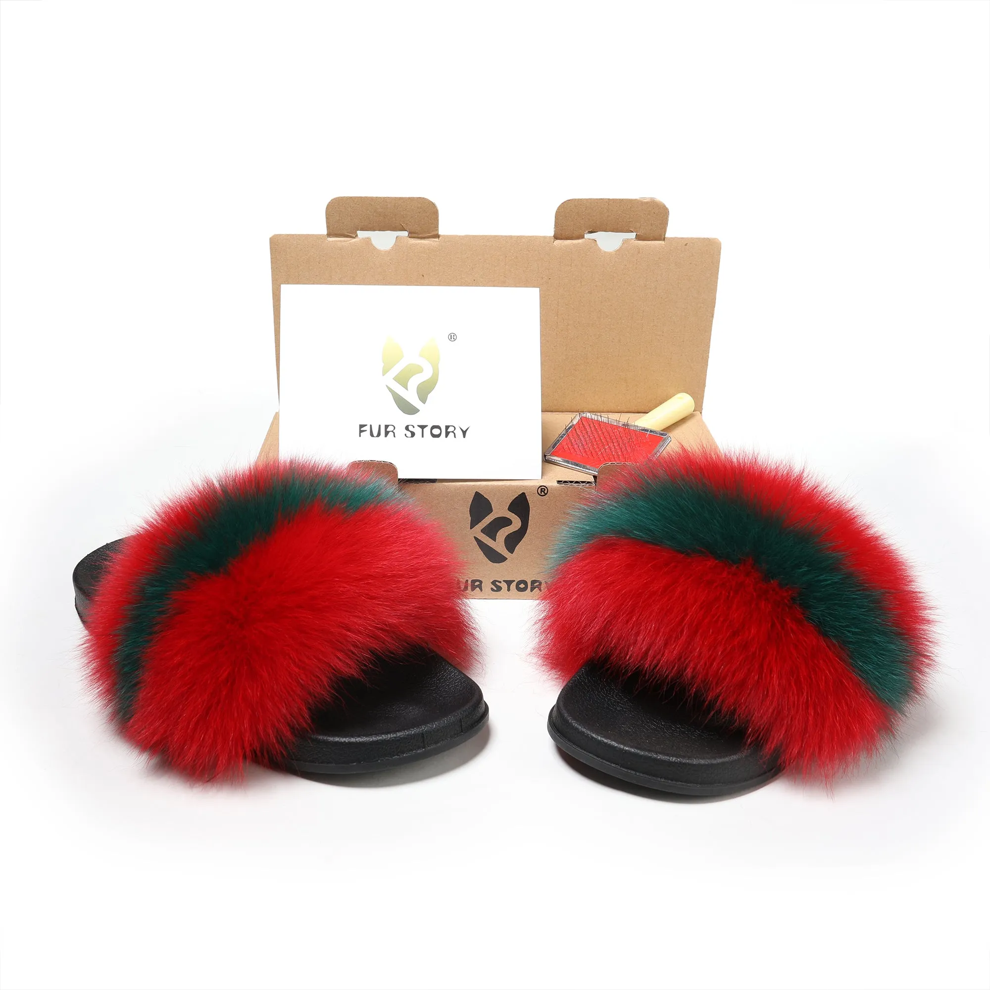 Fur Story Women's Fox Fur Slides Furry Slide for Outdoor Fluffy Sandals Open Toe Fur Slippers