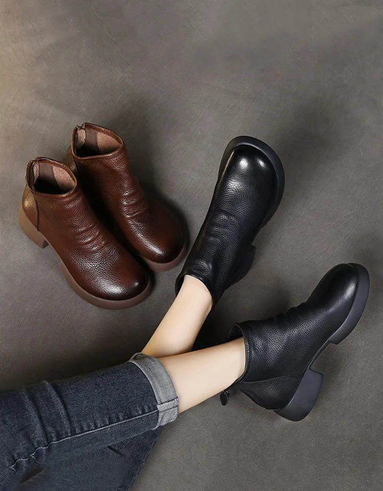 Genuine Leather Soft Leather Round Toe Ankle Boots