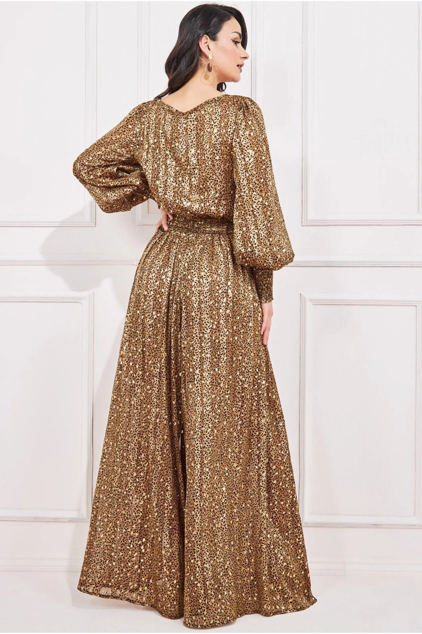 Goddiva Shirred Waist Chiffon Printed Maxi - Leopard Print