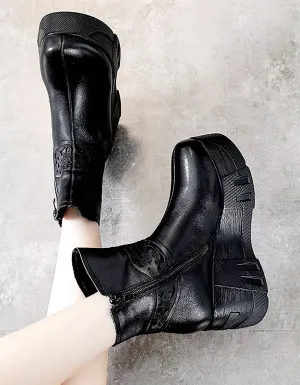 Handmade Carved Mid-tube Retro Wedge Booties