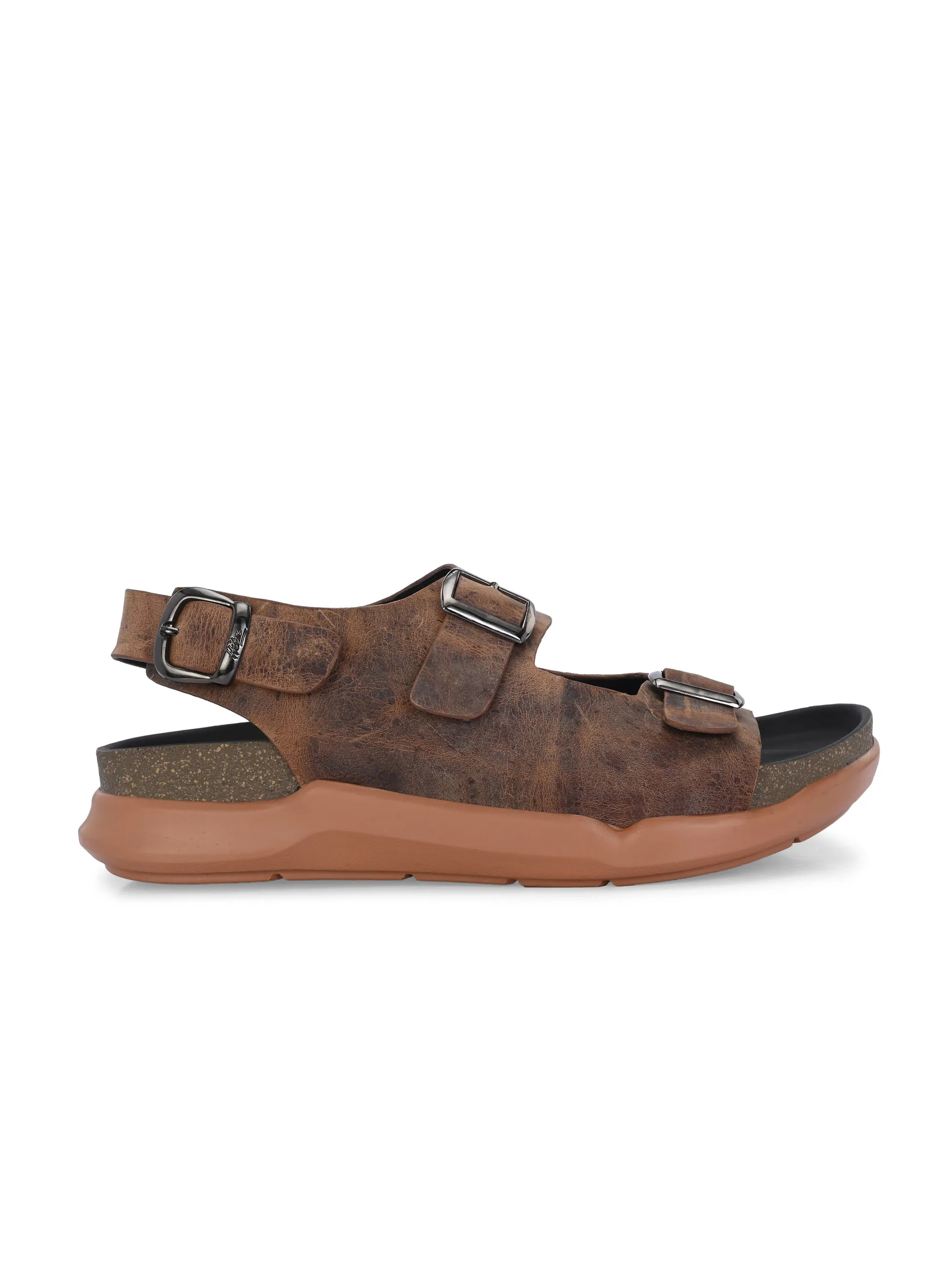 Hitz Men's Brown Leather Daily Wear Buckle Sandals