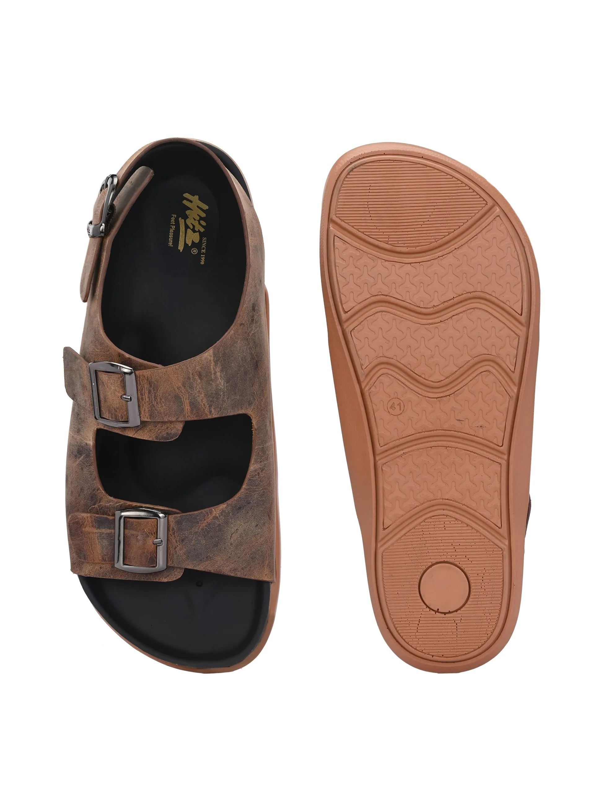 Hitz Men's Brown Leather Daily Wear Buckle Sandals