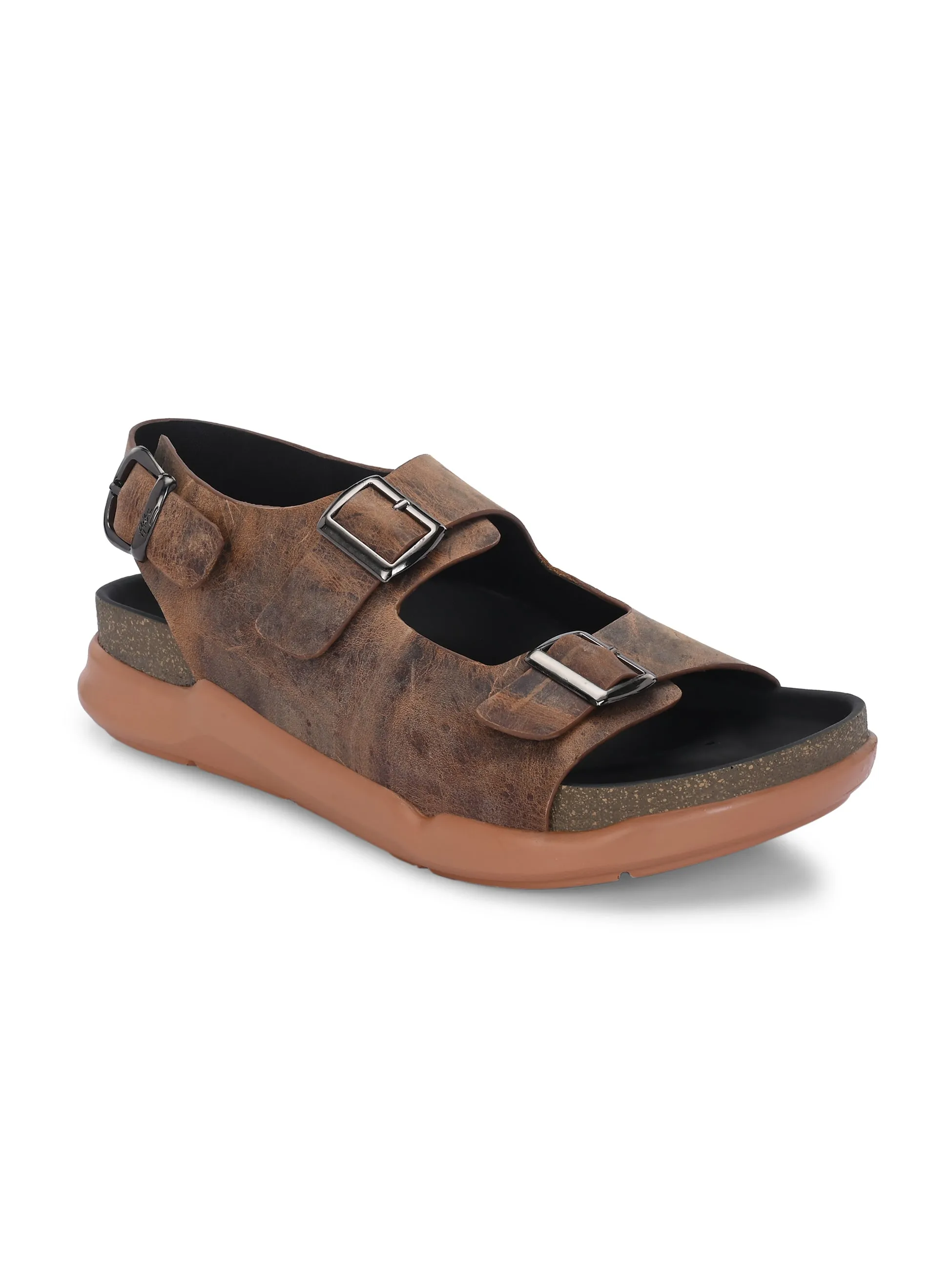 Hitz Men's Brown Leather Daily Wear Buckle Sandals