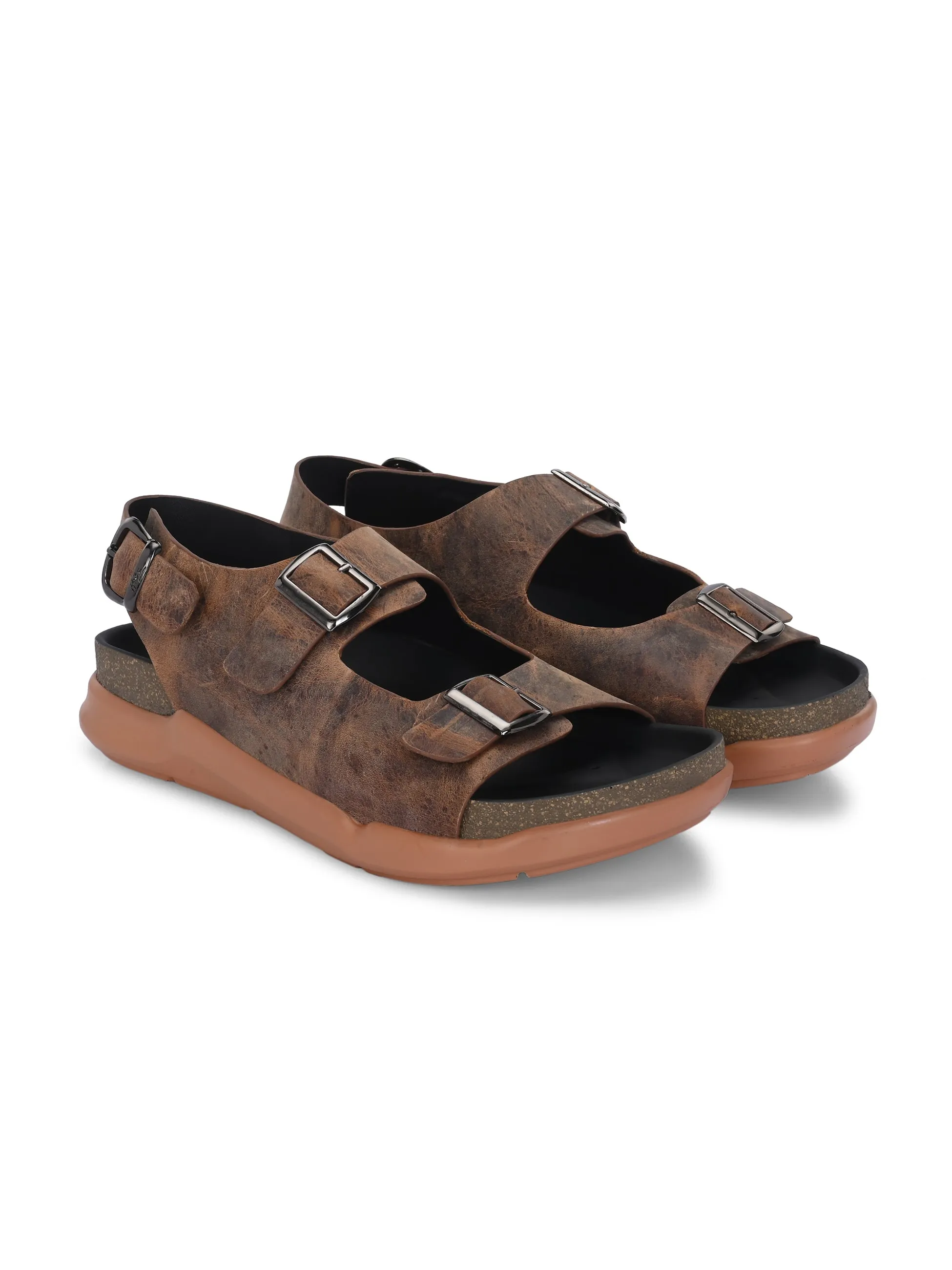 Hitz Men's Brown Leather Daily Wear Buckle Sandals