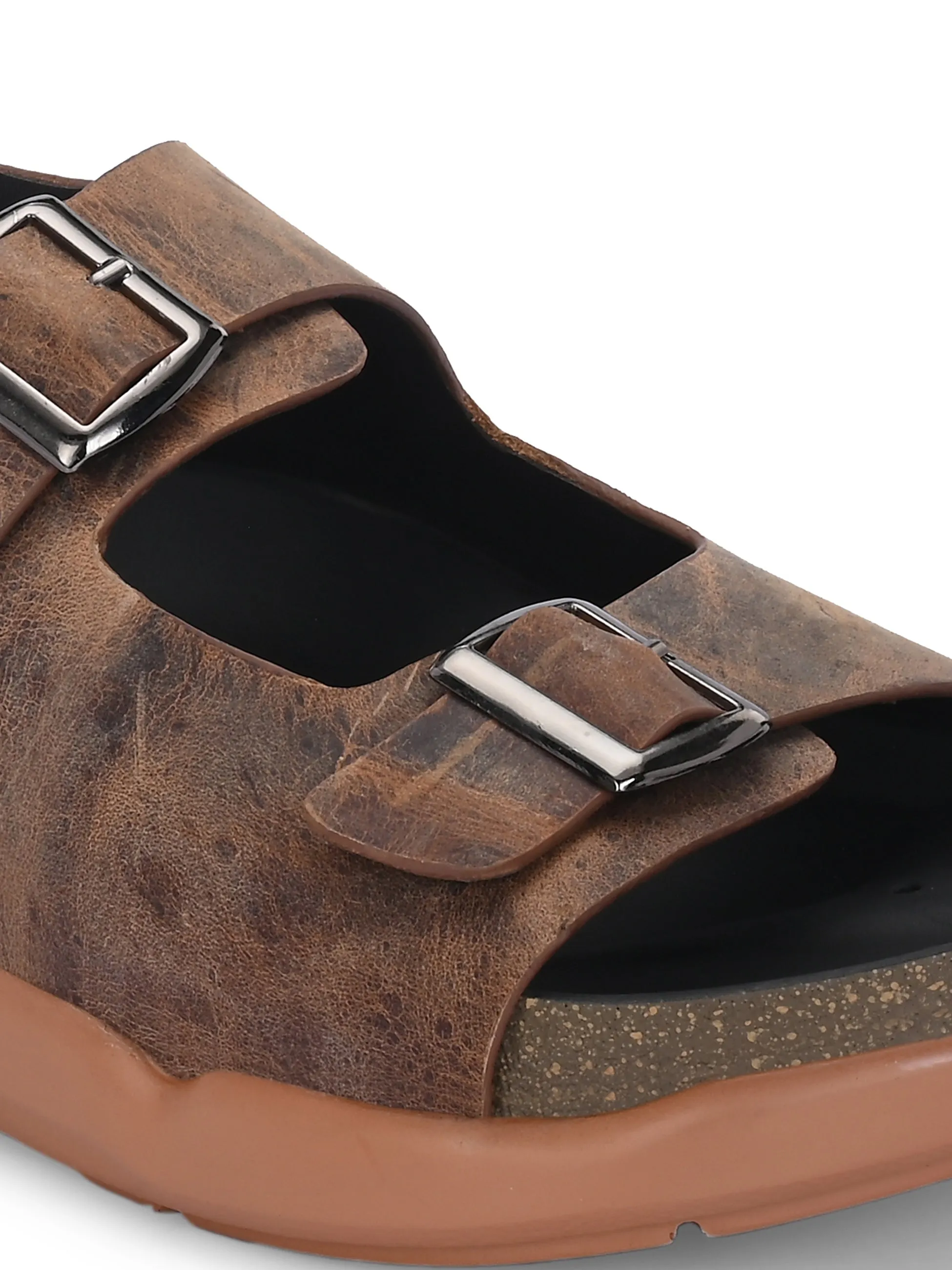 Hitz Men's Brown Leather Daily Wear Buckle Sandals