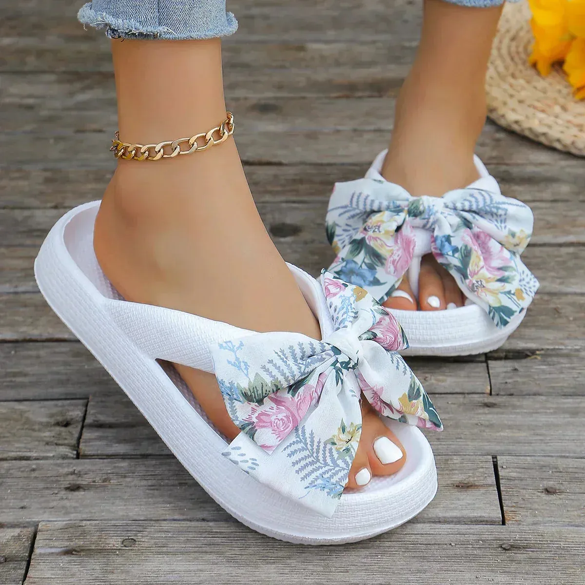 Louise - Floral Wedge Sandals with Bow