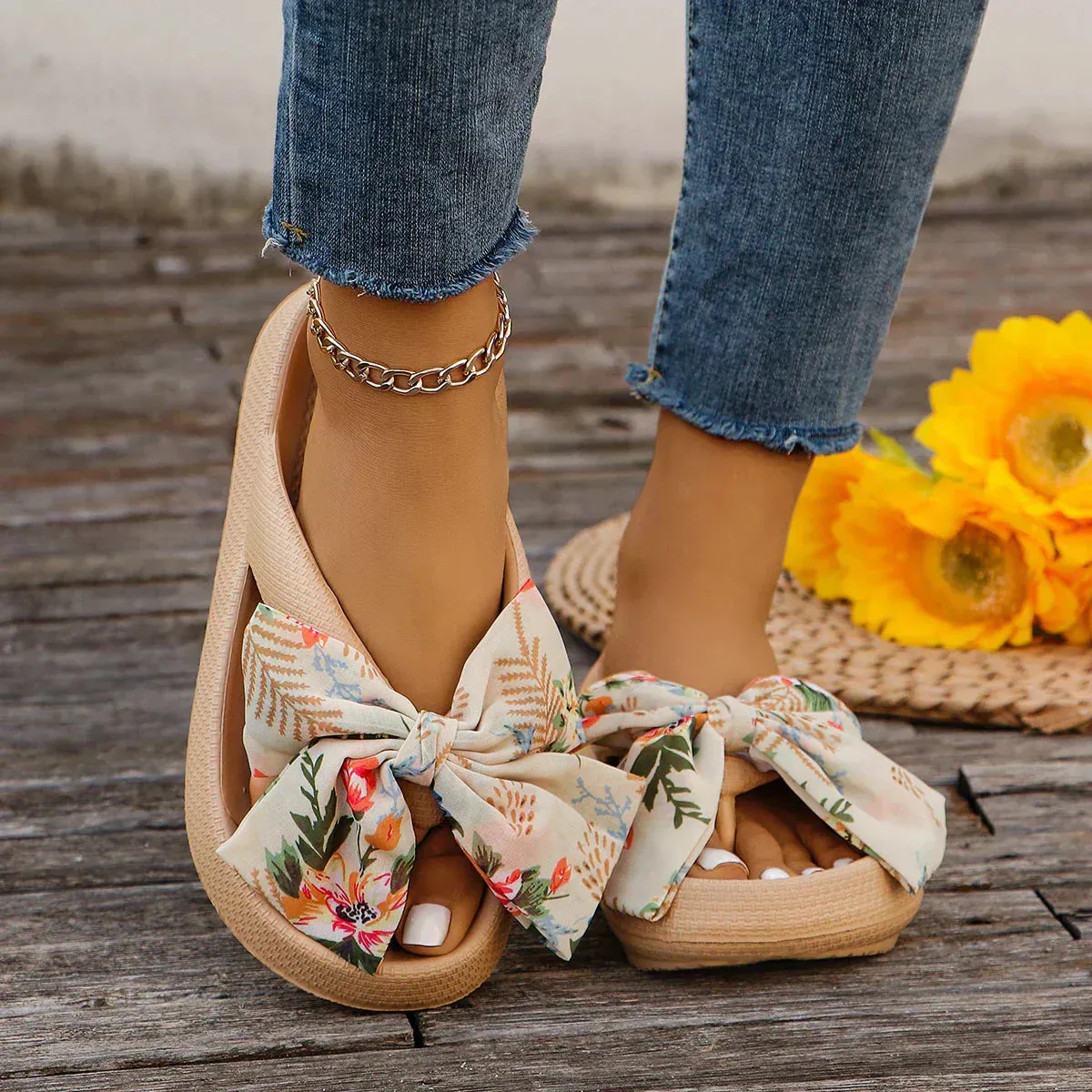 Louise - Floral Wedge Sandals with Bow