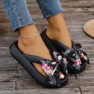 Louise - Floral Wedge Sandals with Bow