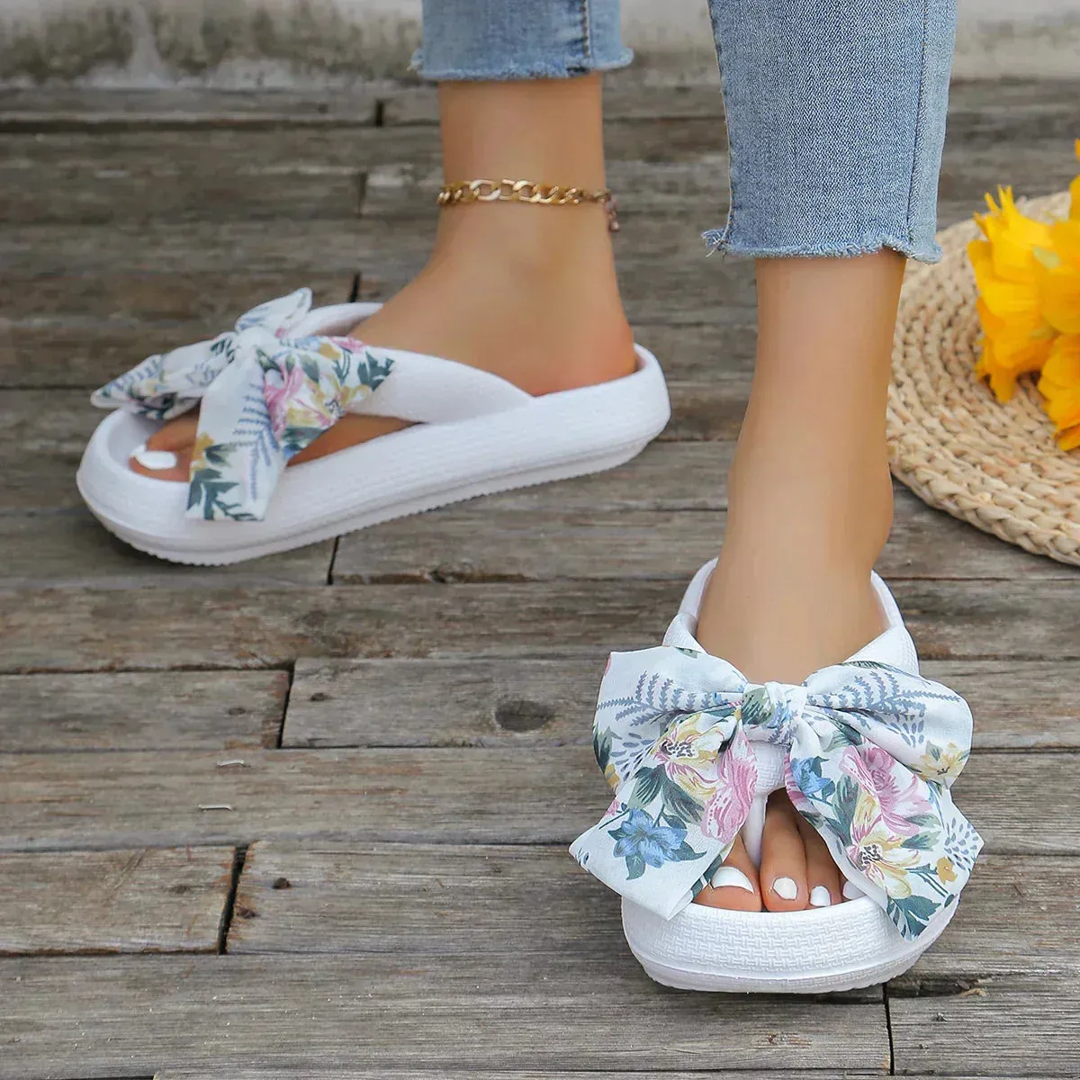 Louise - Floral Wedge Sandals with Bow