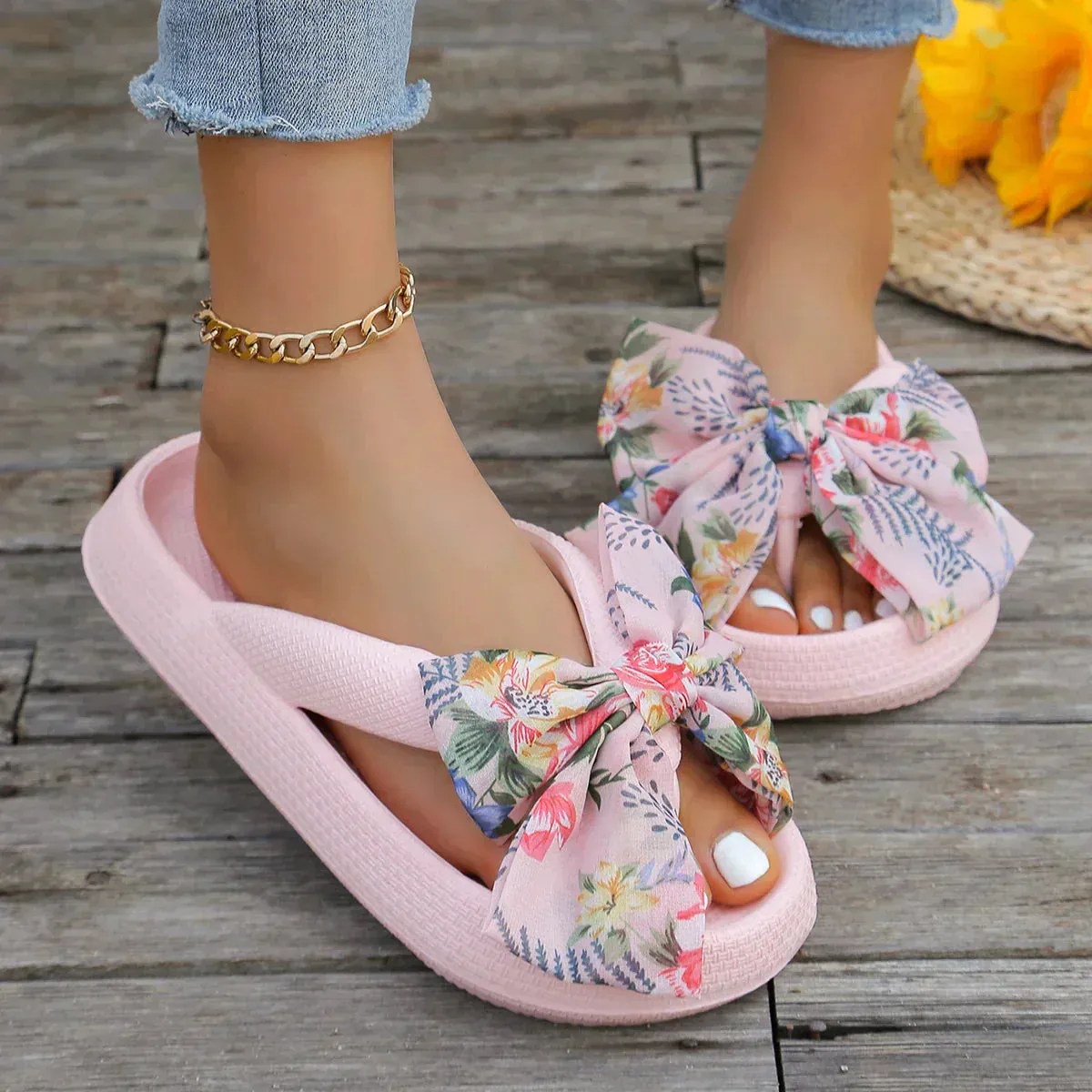 Louise - Floral Wedge Sandals with Bow