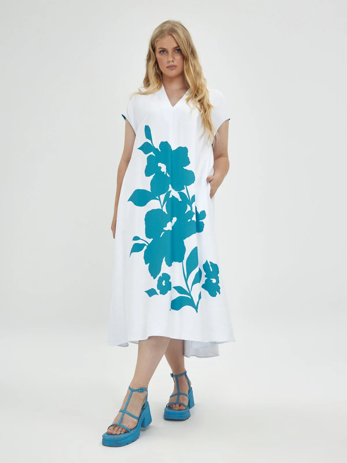 Mat White & Turquoise Floral Dress