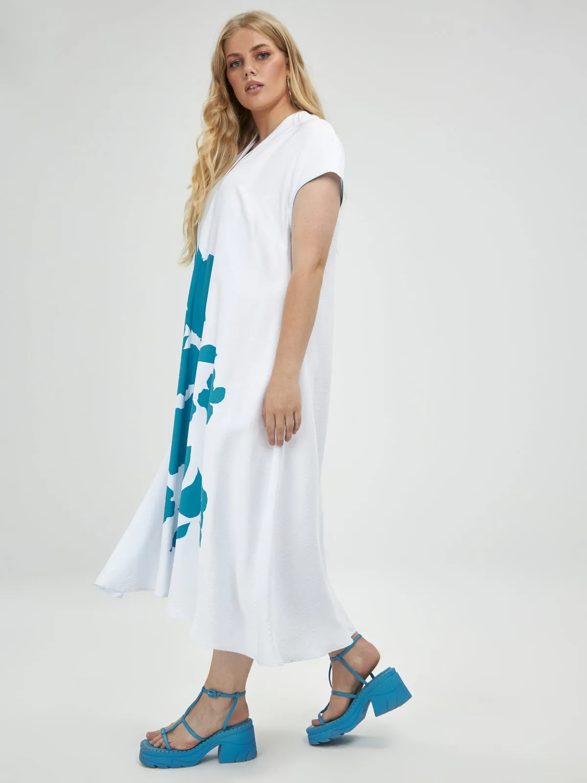 Mat White & Turquoise Floral Dress