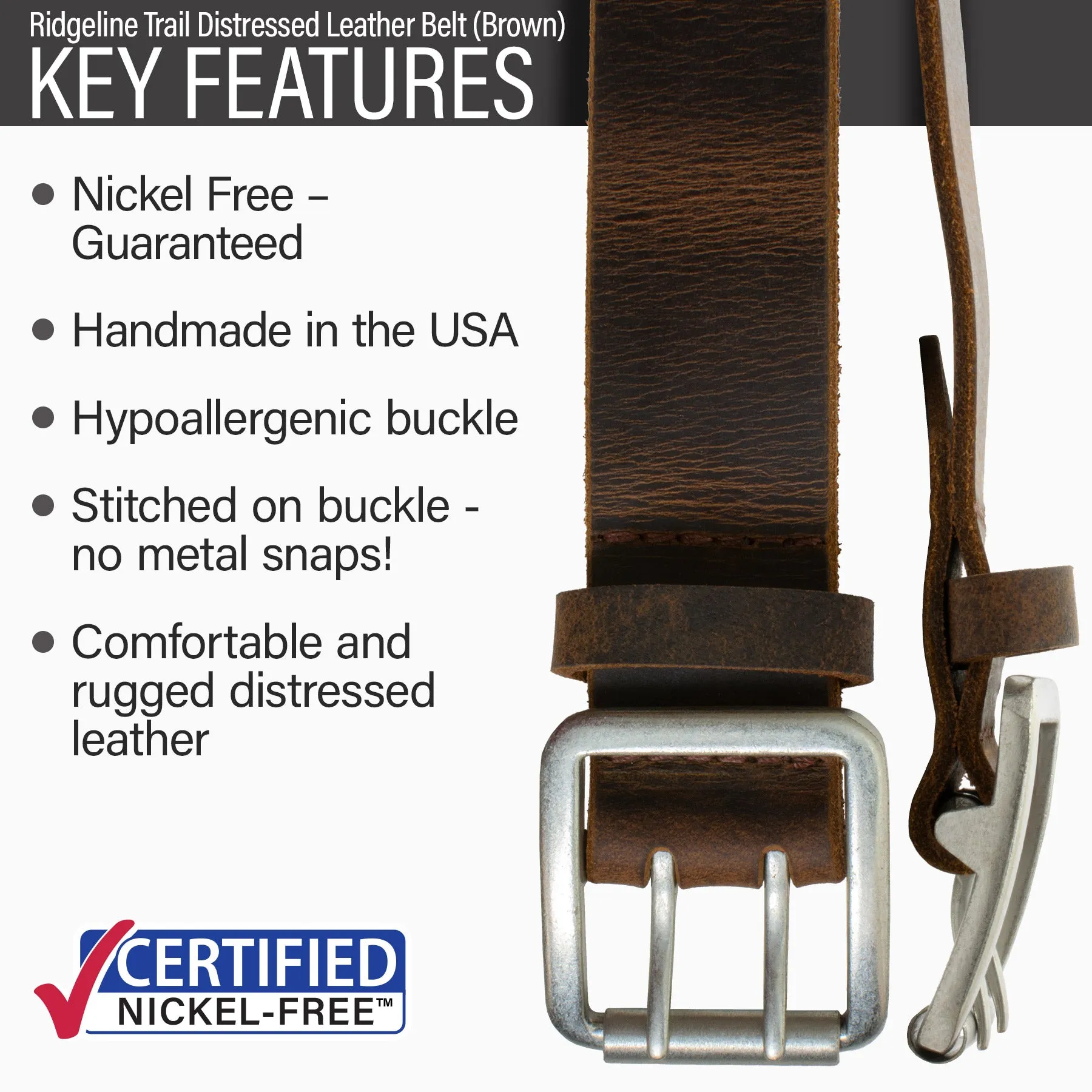 Ridgeline Trail Brown Distressed Leather Belt by Nickel Smart®