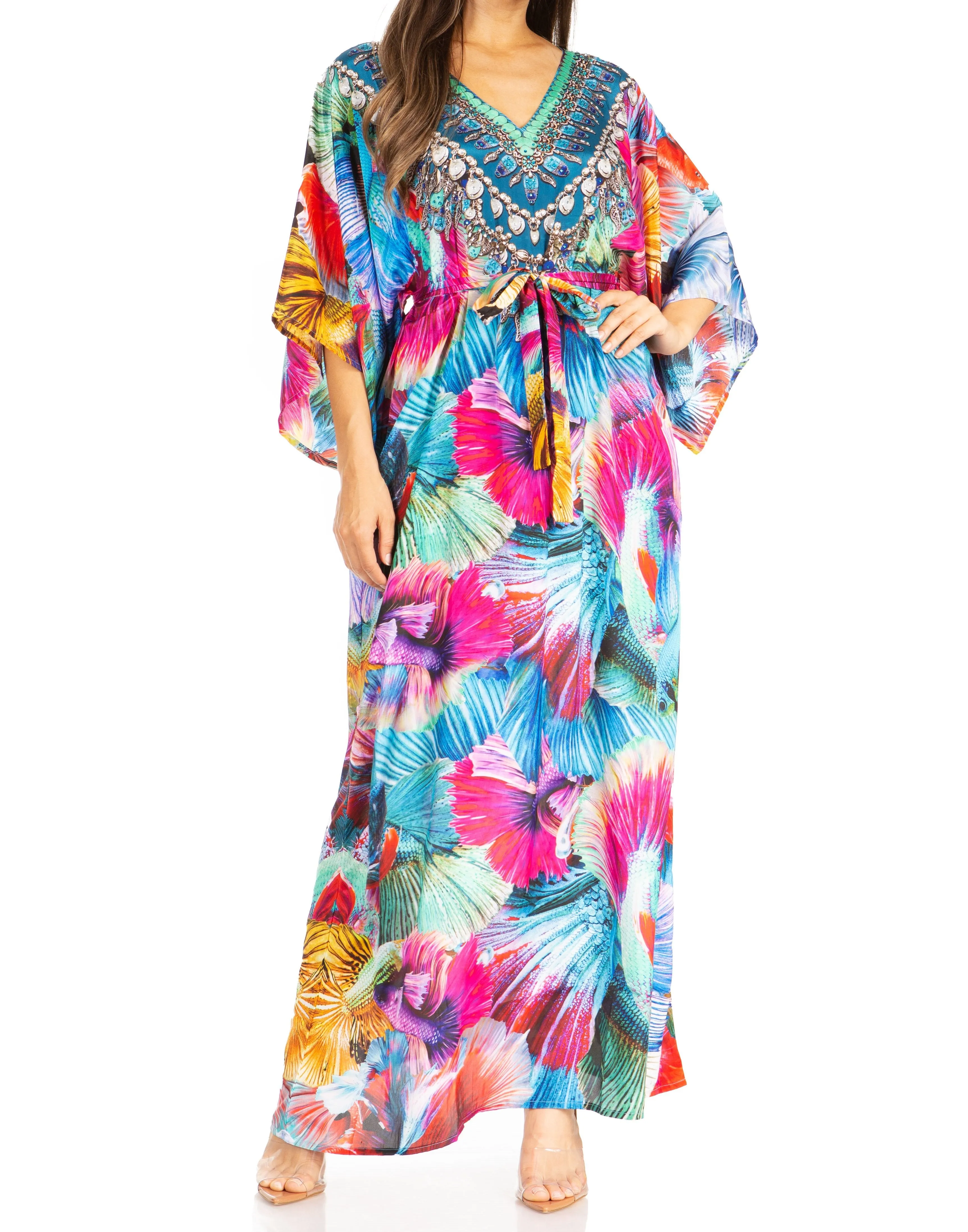 Sakkas Maribel Maxi Caftan Dress - Women's V-Neck, Short Sleeves