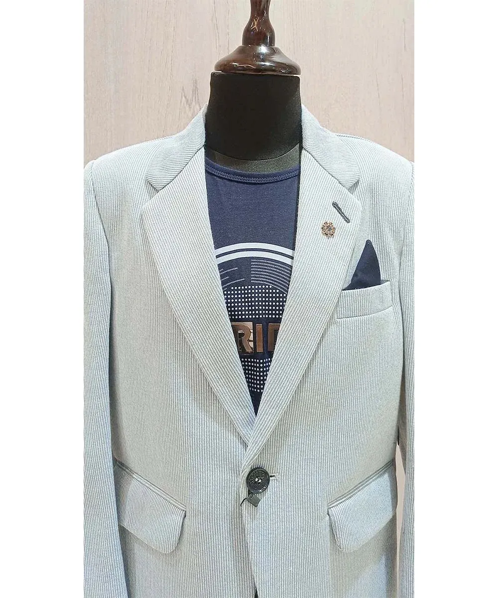 Sky Blue Self-Striped Blazer with Navy T-Shirt for Boys