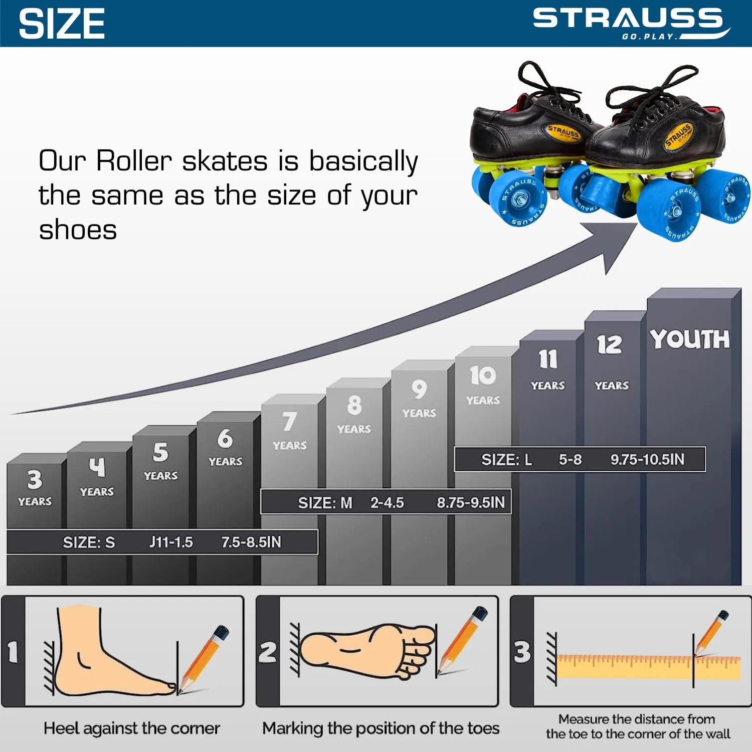 STRAUSS Gripper Adjustable Skating Shoes | Combo Set for Boys Kids and Girls| Size-5, (Blue/Black)