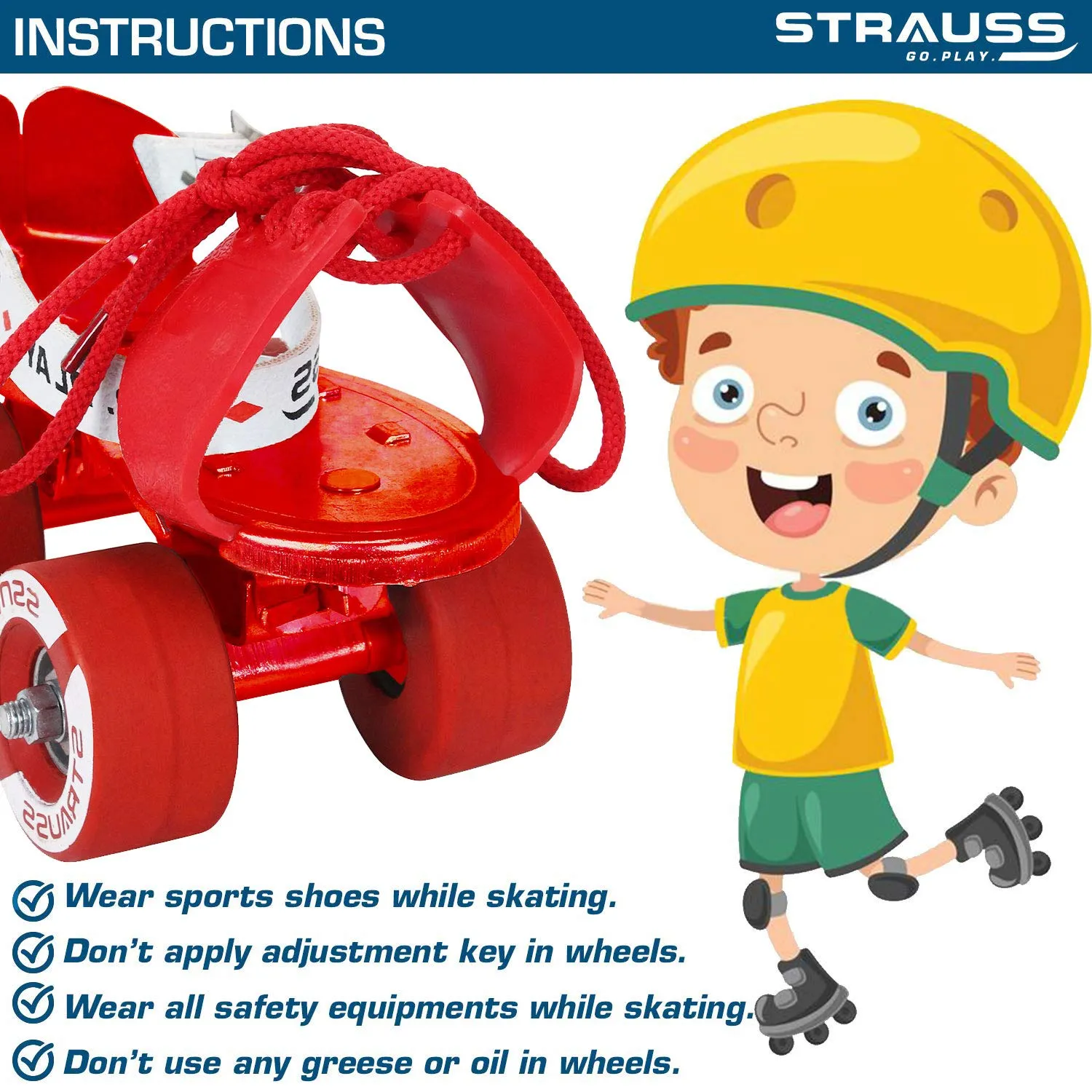 STRAUSS Junior Tenacity Roller Skates | Adjustable Shoe Size for Kids | 4 Wheels Skates for Boys and Girls | for Indoor and Outdoor Skating | Age Group 3-7 Years | Weight Capacity Upto 60kgs, (Red)