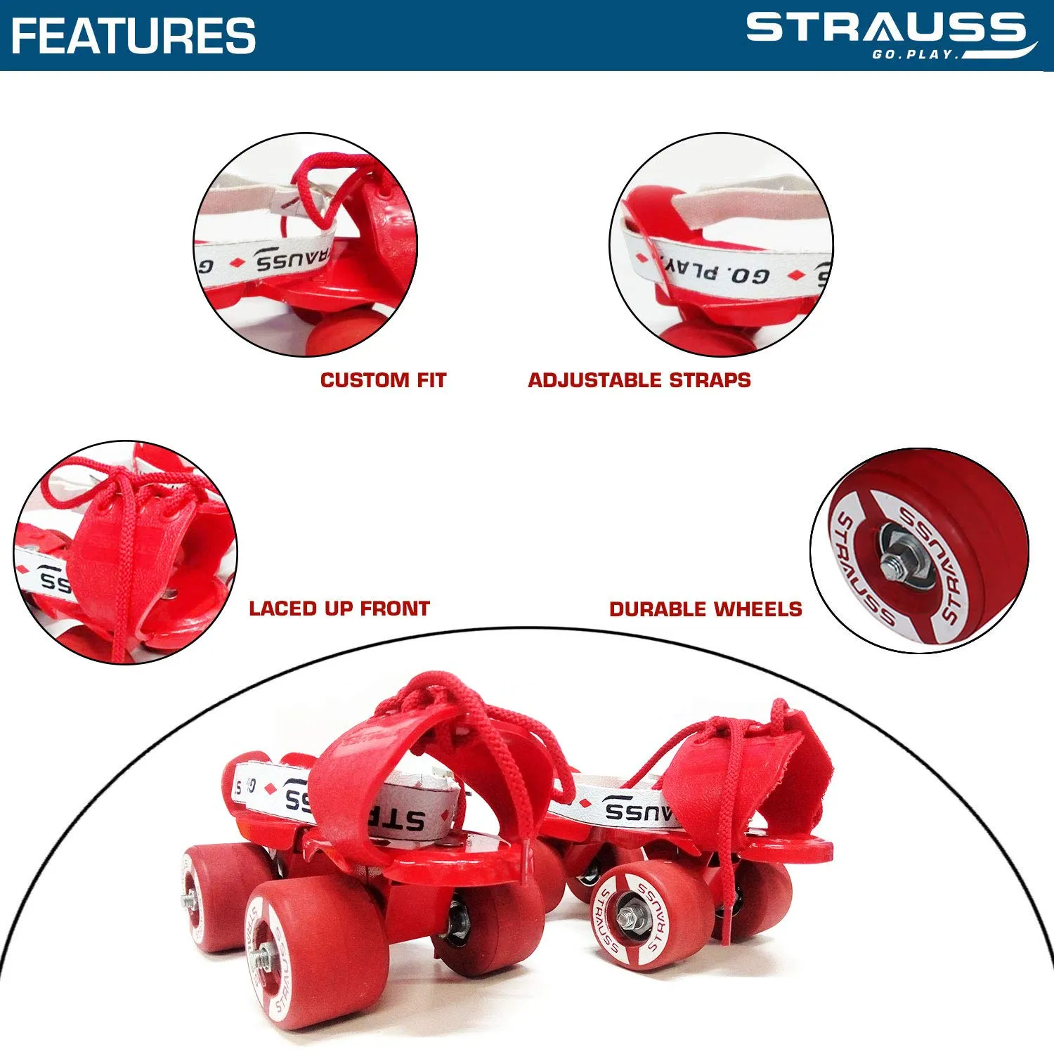 STRAUSS Junior Tenacity Roller Skates | Adjustable Shoe Size for Kids | 4 Wheels Skates for Boys and Girls | for Indoor and Outdoor Skating | Age Group 3-7 Years | Weight Capacity Upto 60kgs, (Red)