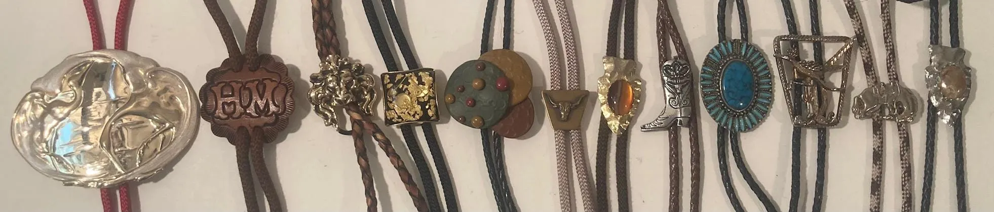 Vintage Lot of  12 Metal Bolo Ties, HM, Lion, Arrowhead, Cowboy Boots, More, Nice Designs, Quality, Heavy Duty