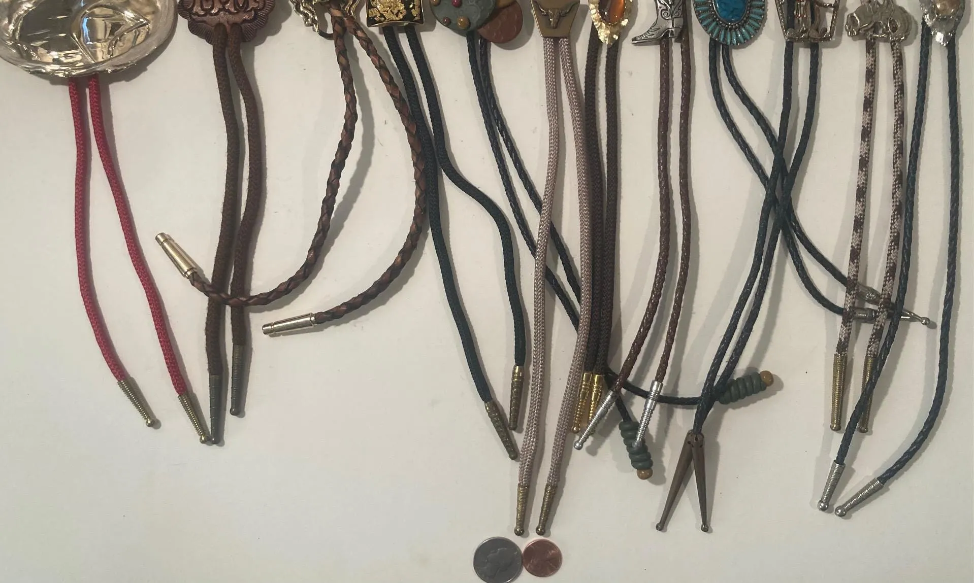 Vintage Lot of  12 Metal Bolo Ties, HM, Lion, Arrowhead, Cowboy Boots, More, Nice Designs, Quality, Heavy Duty