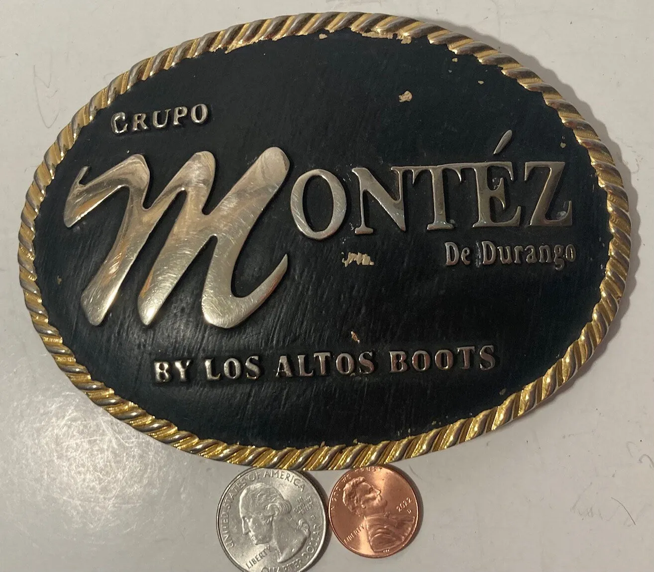 Vintage Metal Belt Buckle, Brass, Grupo Montez De Durango, Los Altos Boots, Rodeo, Cowboy, Nice Western Design, 5" x 3 3/4", Heavy Duty